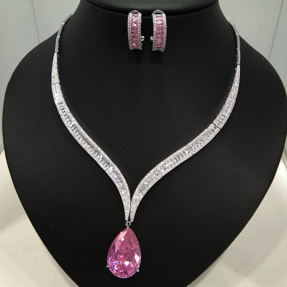 LUXURY AAA cubic zirconia trapezoidal shaped big stud earrings and necklaces ,white colour high quality,women's jewelry sets