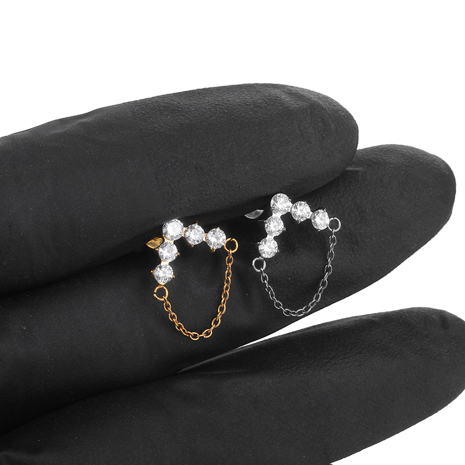 ASTM F136 Titanium 5-Cluster CZ Stud Earring with Dangle Chain Helix Cartilage Tragus Labret Lip Flat Back Piercing Women Gift