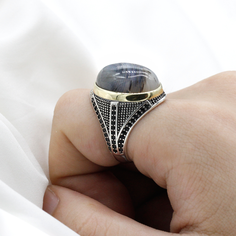 Turkey Mens Ring with Big Natural Agate Stone 925 Sterling Silver Vintage Aqeeq Male Ring Turkish Jewelry Birthday Party Gift