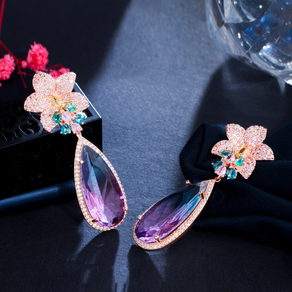 CWWZircons Micro Pave Pink Cubic Zirconia Flower Big Water Drop Rainbow Crystal Long Luxury Earring for Women Boho Jewelry CZ965