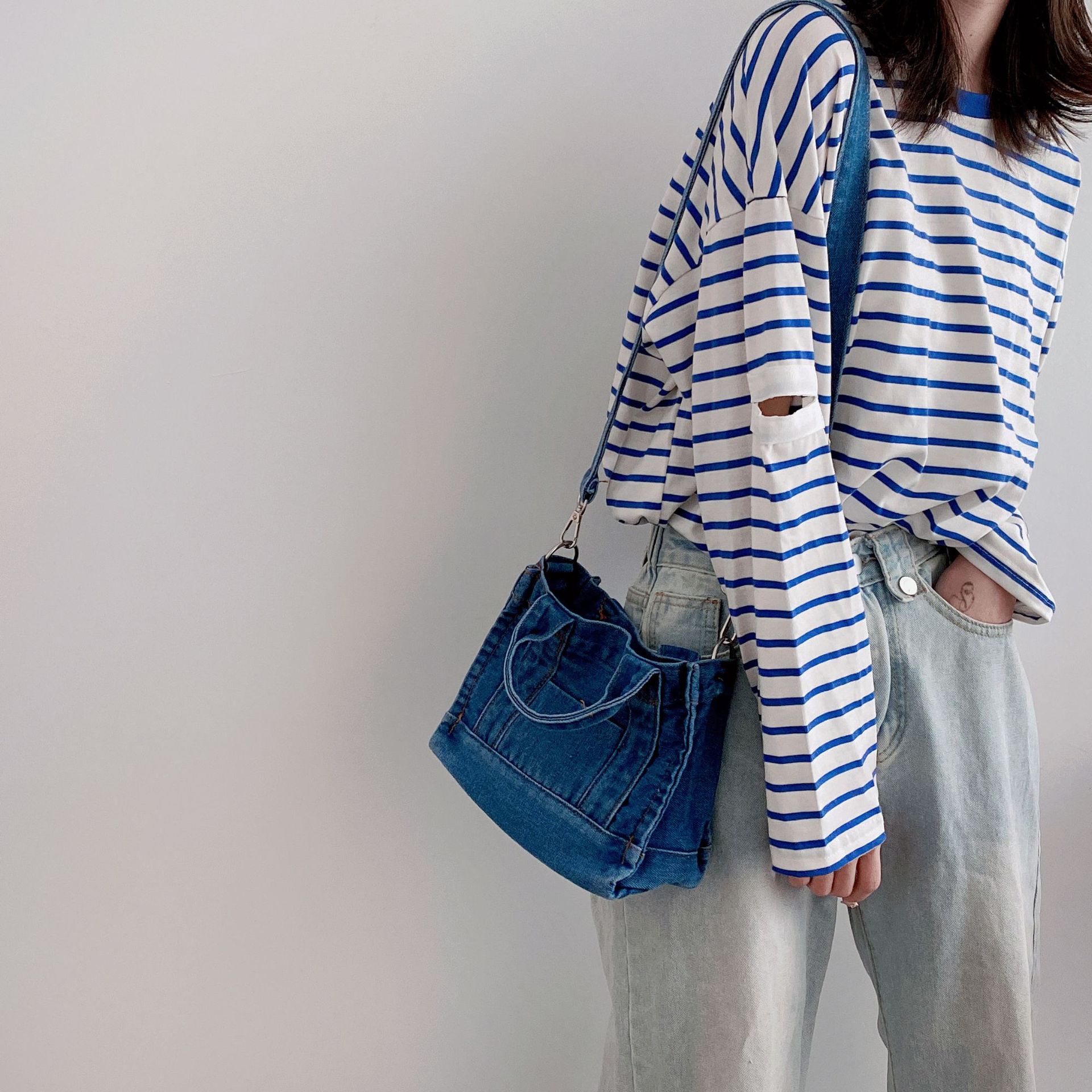 Denim Cloth Women Mini Shoulder Bag Girl Blue Canvas Fabric Handbag Small Casual Tote Detachable Strap Lady Little Zipper Purse