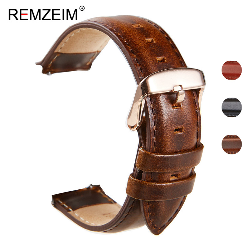 REMZEIM Leather Watch Bands Red Brown Black Handmade Replacement Strap For Men Women Size 18mm 20mm 22mm Quick Release