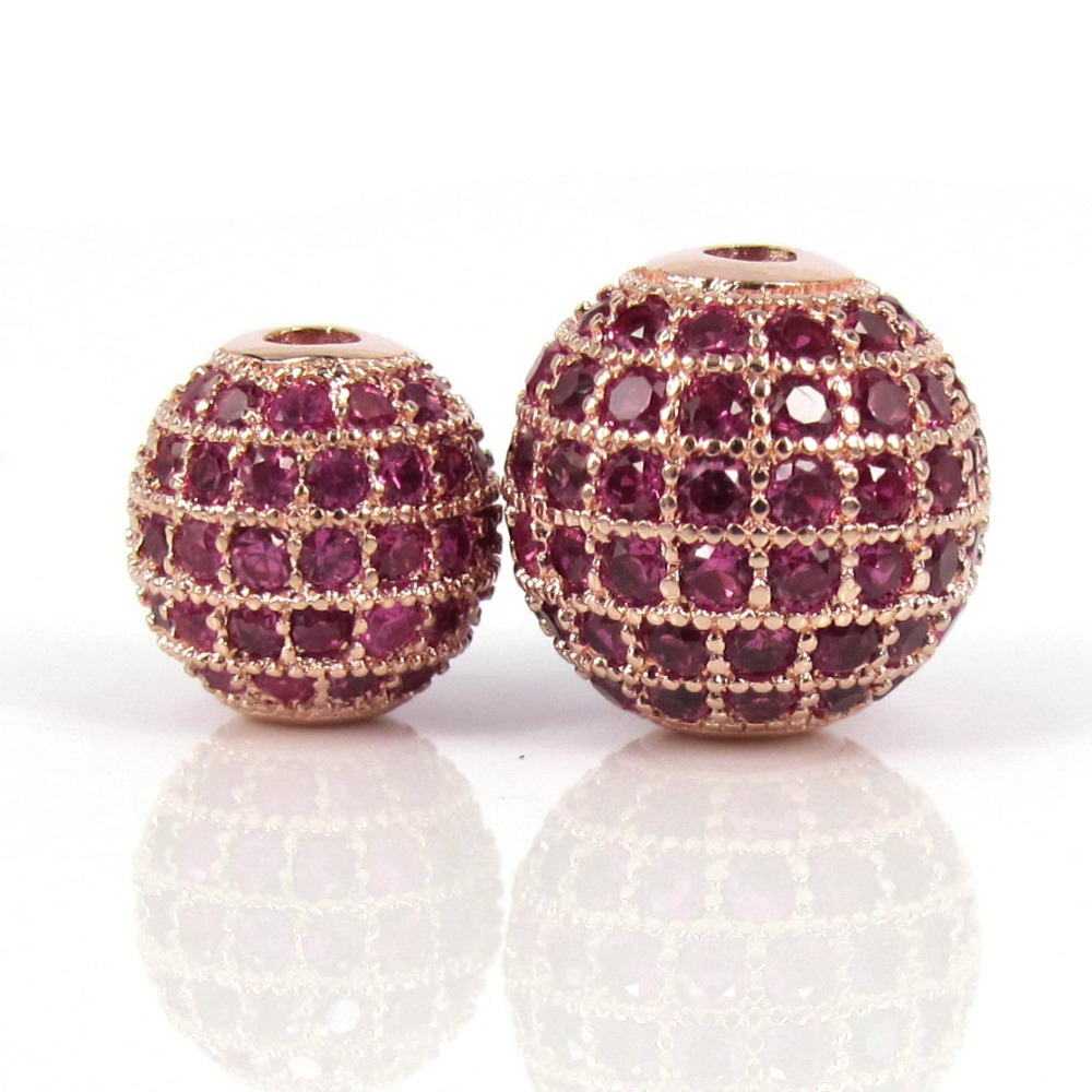 6mm 8mm 10mm 12mm Mixed Gold Silver Black Color & Micro Pave Fuchsia CZ Metal Round Bead For Bracelets Making Jewelry DIY Beads