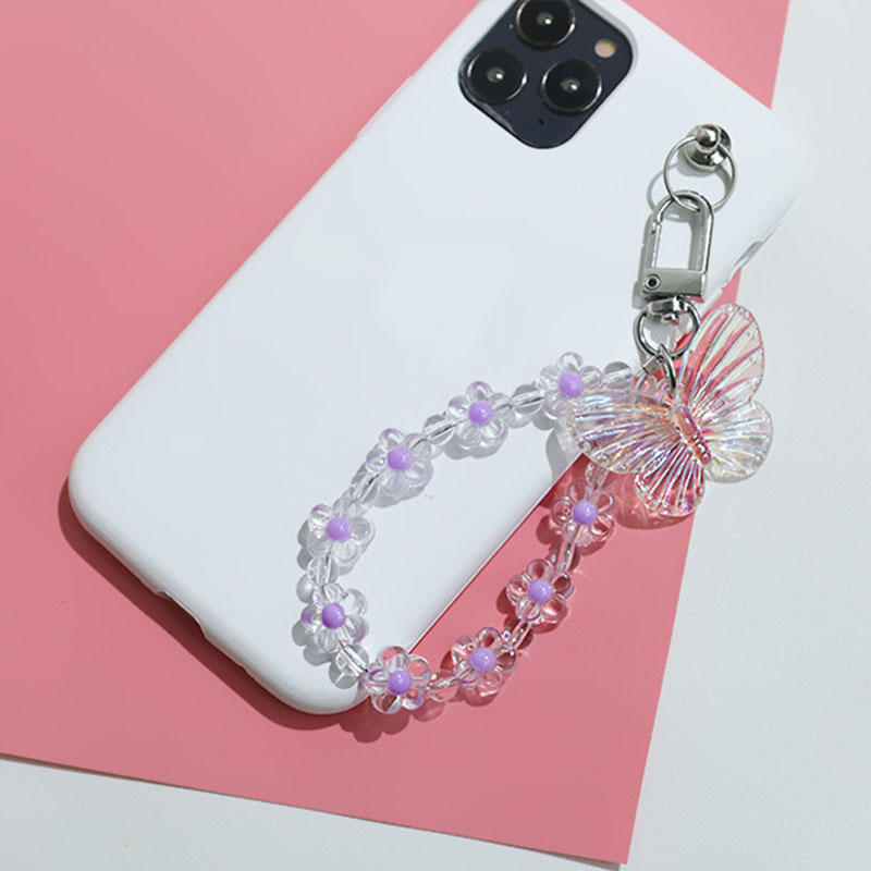 Butterfly Flower Keychain Trendy Transparent Bead Lanyards Keyring Mobile Phone Chains for Women Car Keys Bag Decor Pendant
