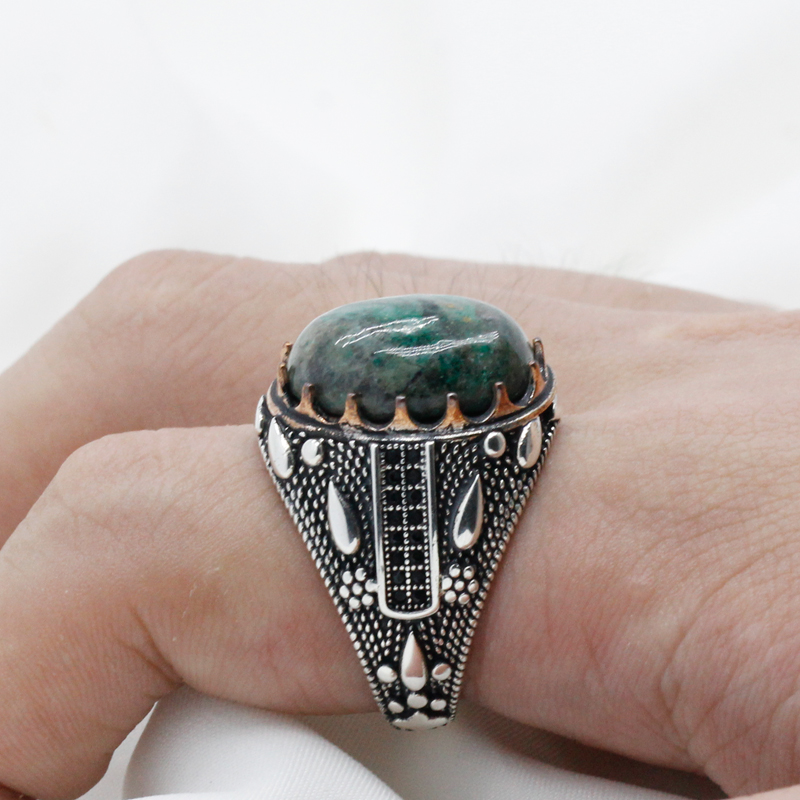 Turkish Jewelry 925 Sterling Silver Men's Ring Natural Phoenix Stone & Black CZ Ring Water Drop Design for Male Fine Jewelry