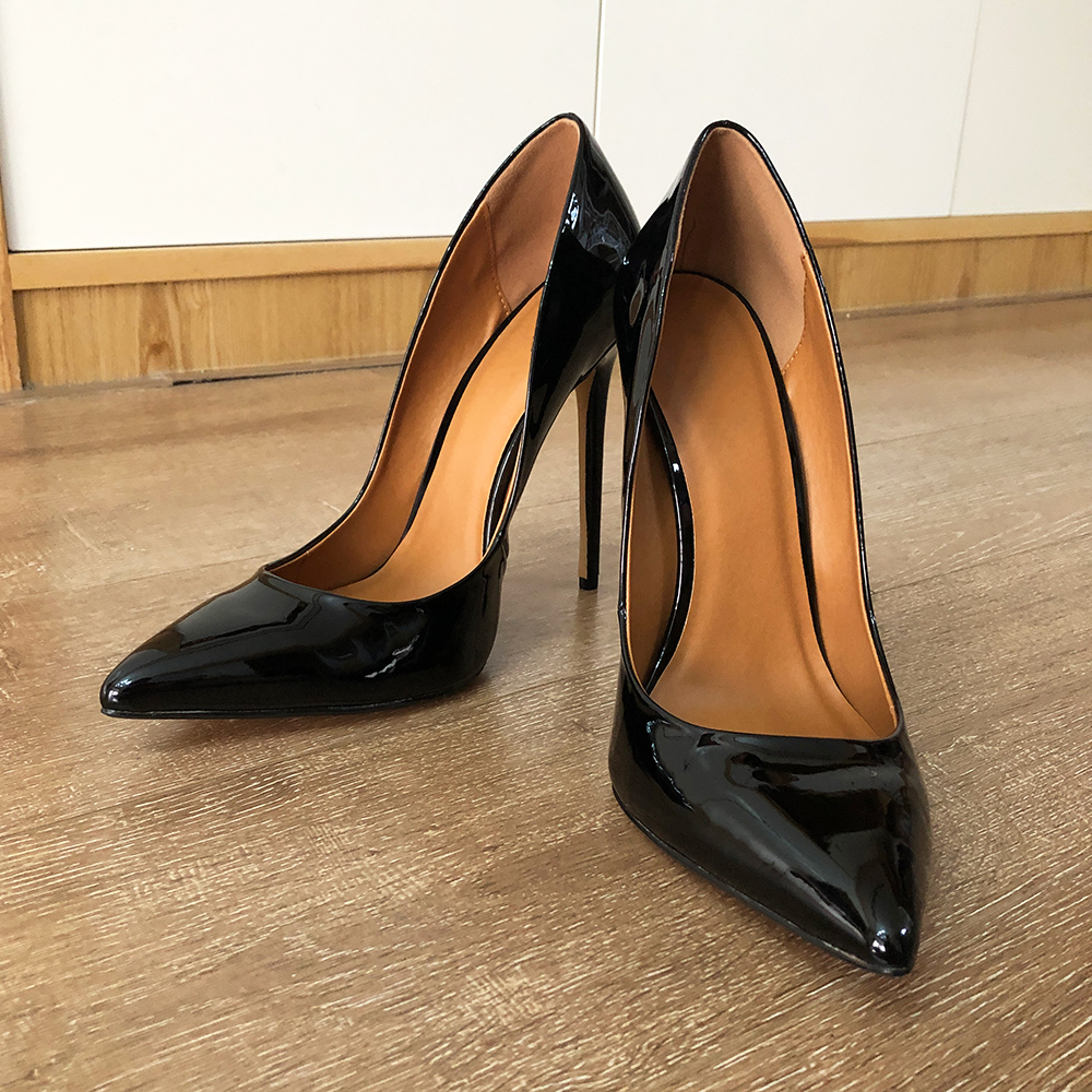Veowalk 14cm Extremely High Heel Women Black Patent Pointy Toe Stiletto Pumps Sexy Crossdresser Shoes Ultra Large Size 41 47 48