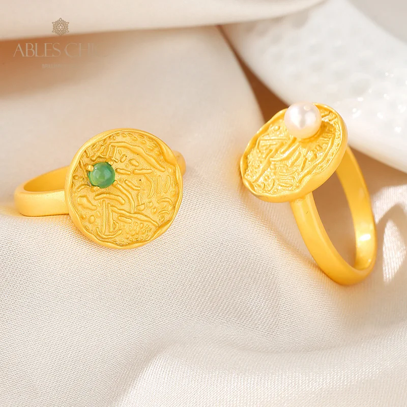 AC 5A Freshwater Pearl 4-4.5mm Accent Solitaire Pattern Coin Matt 18K Gold Tone Solid 925 Silver Disc Ring RN1015