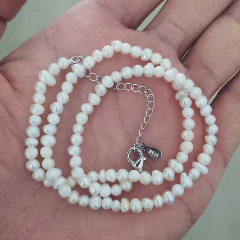 3-5mm White Freshwater Pearl Choker 925 Sterling Silver Necklace Baroque Natural Female Beads Fine Accessories Women Gift NK120