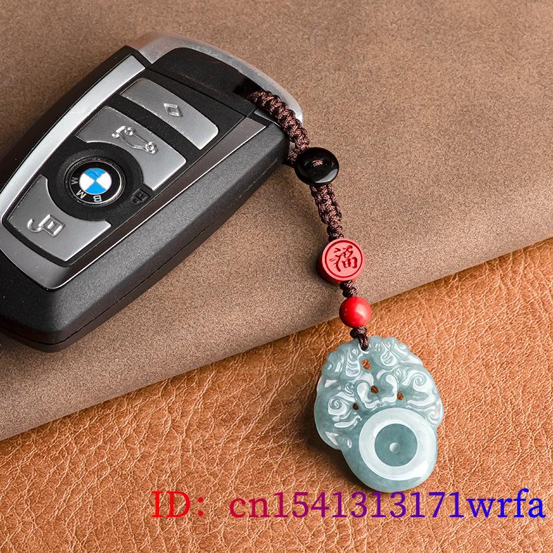Blue Myanmar Jadeite Pixiu Keychain Real Jewelry key holder Luxury Natural Burmese Jade Designer Cute Phone Charm Bag Charm