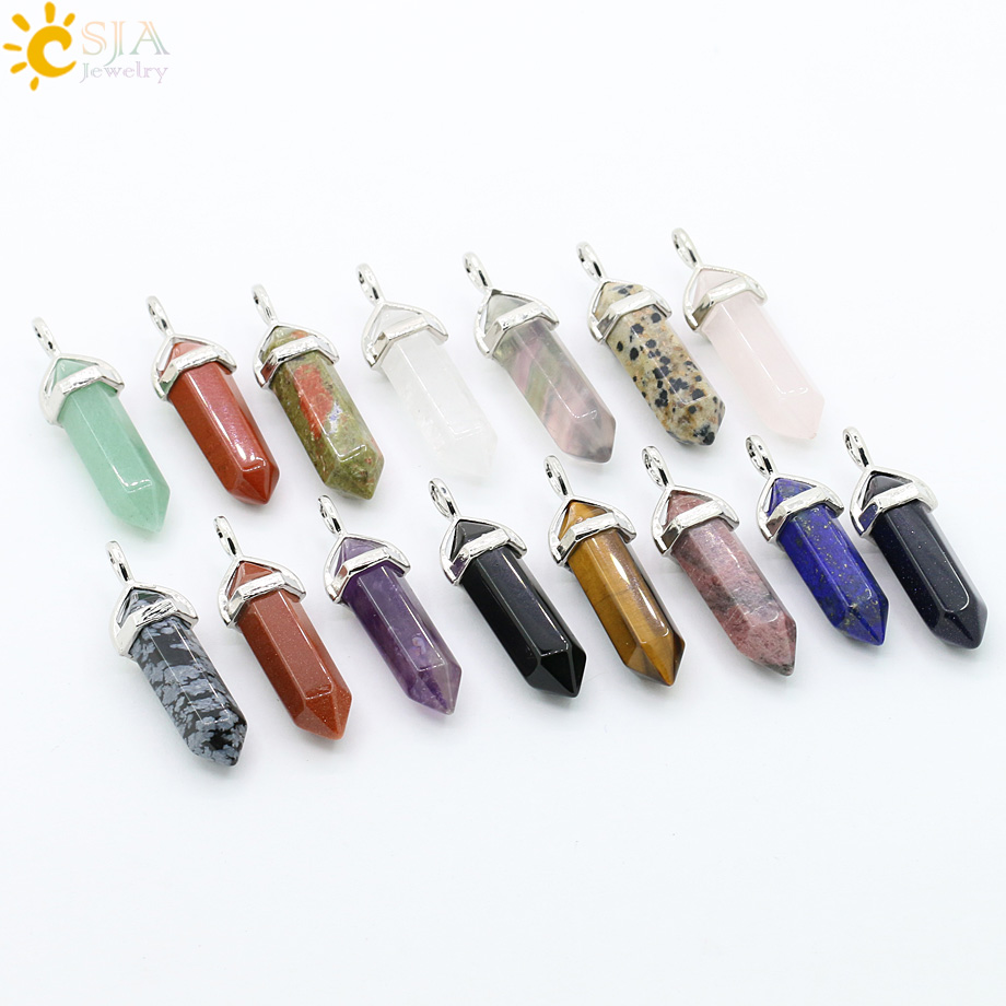 CSJA Bullet Natural Stone Pendant Real Purple Crystal Men Women Chakra Gem Stones Quartz Aventurine Pendants Jewelry E001