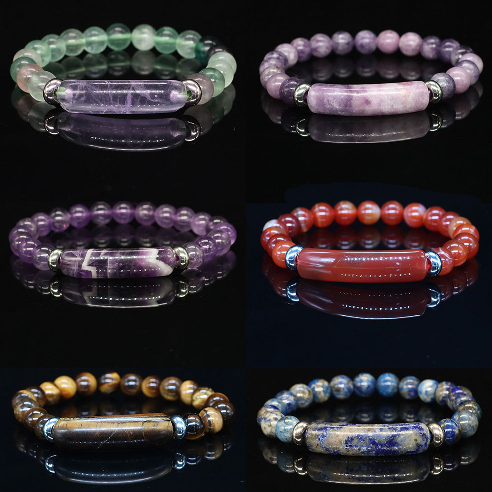 Rectangle Bar Charm Round Bead Bracelets Natural Stone Amethyst Agate Jade Healing Crystal Energy Cure Yoga Relief Bangle Gift