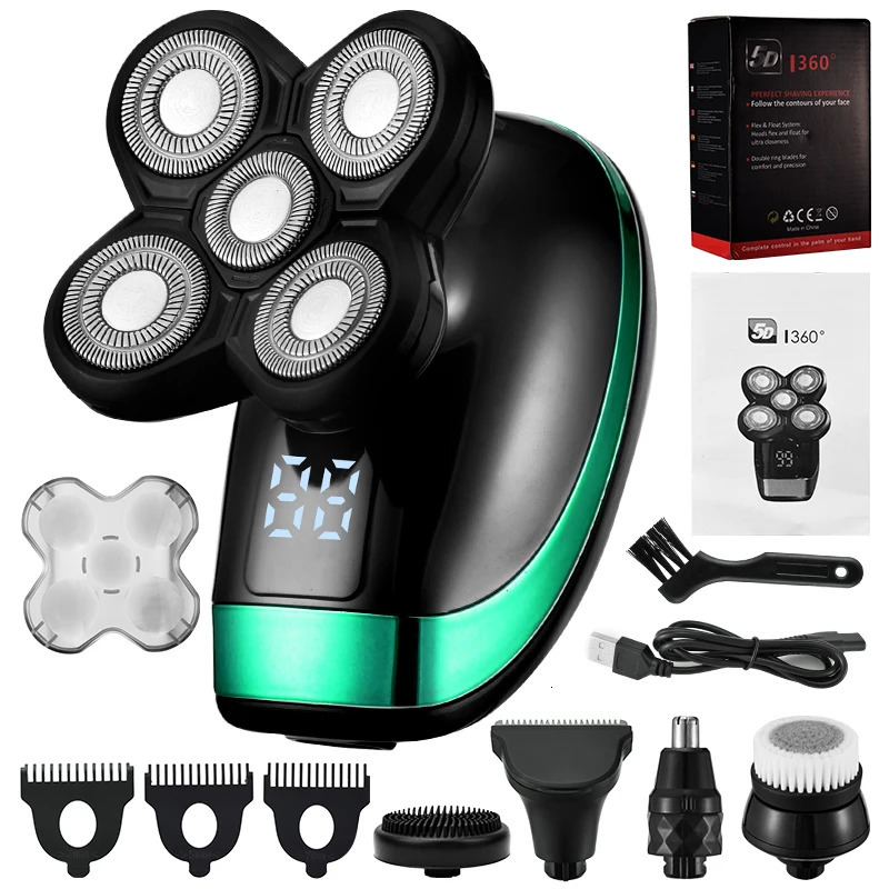 5 In 1 4D Mens Rechargeable Bald Head Electric Shaver 5 Floating Heads Beard Nose Ear Hair Trimmer Razor Clipper Brush 240624