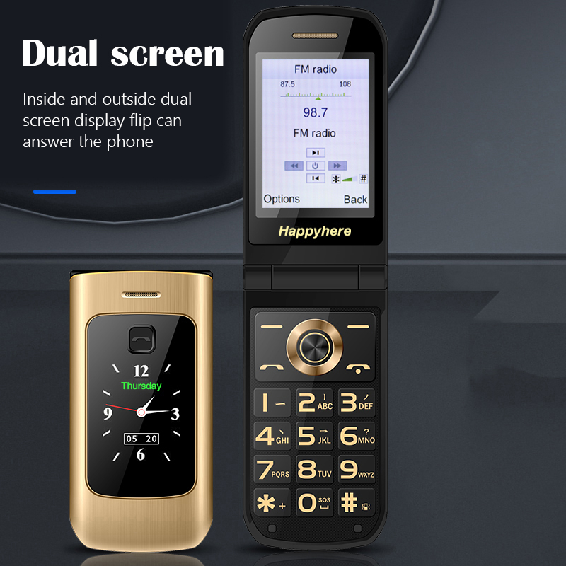 Happyhere F18 unlocked Flip Mobile Phones dual screen Speed dial celular SOS 2025 MP3 FM torch Push-button keyboard cheap cell phone