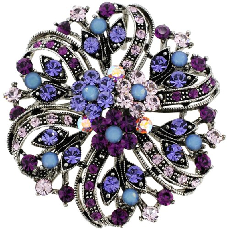 New Round Vintage Rhodium Plated Coloured Purple Rhinestone Crystal Wedding Elegant Flower Bouquet Pin Brooch, Item No.: BH7515
