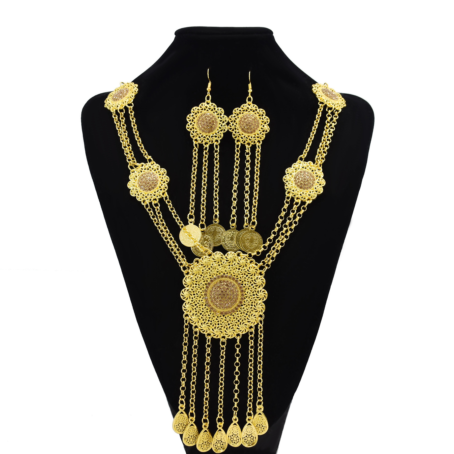 Gold Plated Hollow Flower Long Chain Water Drop Tassel Necklace Earring Jewelry Set Bohemian Ethnic Sunflower Shape Jewelry