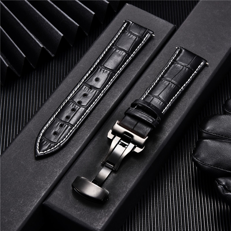 Leather Strap with Automatic Butterfly Clasp for Samsung Galaxy Watch 4 40mm 44mm / 4 Classic 42mm 46mm Active 2 Band Bracelet