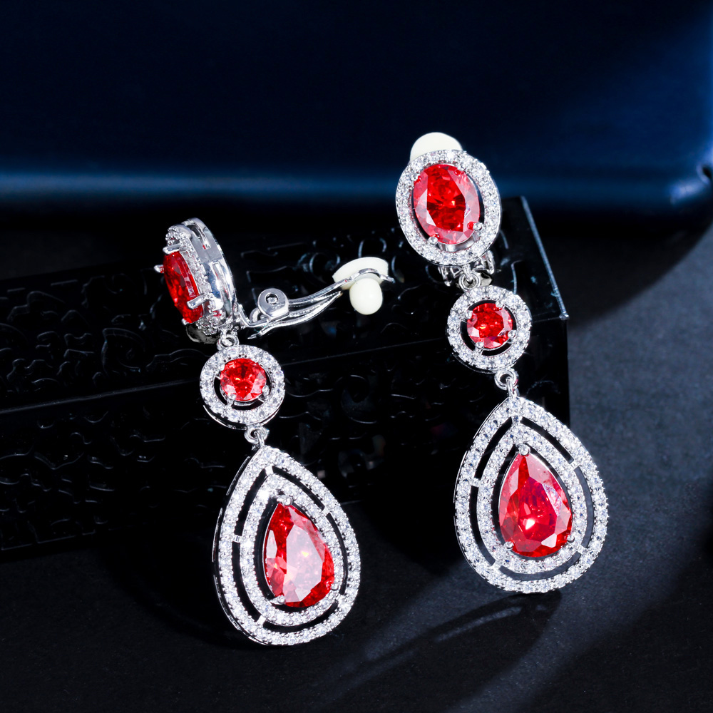 CWWZircons High Quality Women Red Wedding Party Costume Jewelry Long Water Drop Clip On Earring without Piercing Ear CZ244