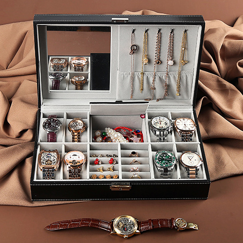 Leather Watch Box Black Men's Watch Storage Boxes Case With Mirror Lock Women Gift Organizer Rings Display Jewelry Box Holder