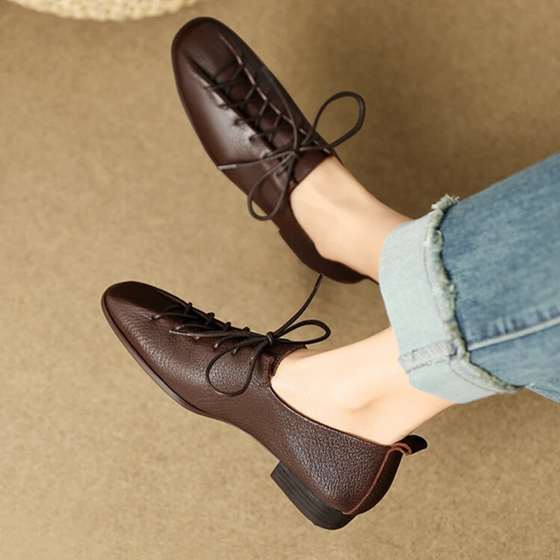 NEW Spring/Autumn Loafers Genuine Leather For Square Toe Chunky Women Pumps Lace-Up Low Heel Shoes