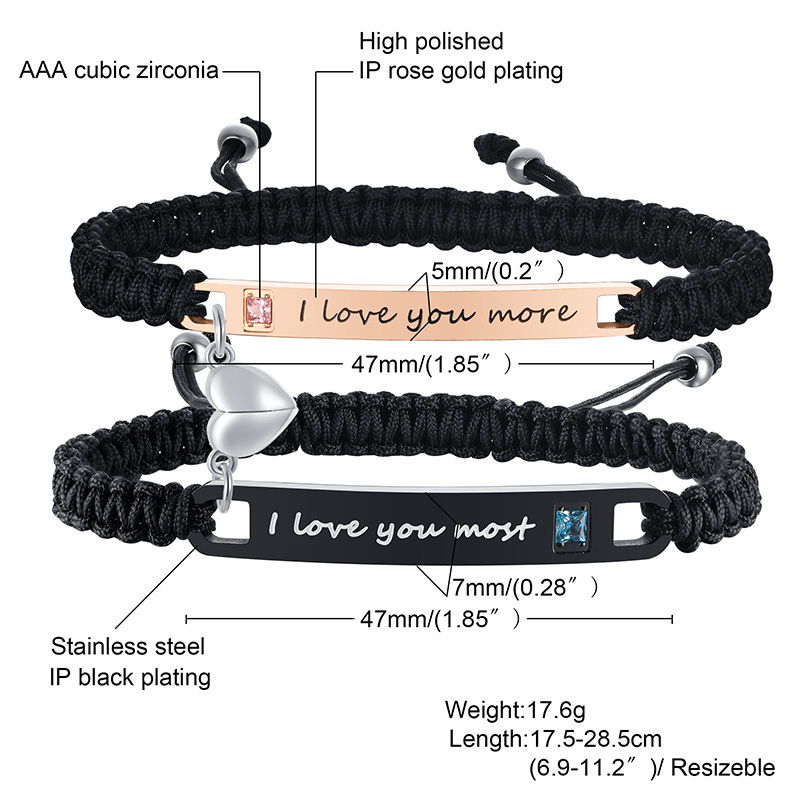 Vnox Attractive Heart His and Hers Handmade Rope Braided Couple Bracelets for Women Men,Custom Matching Set Gifts for Lover