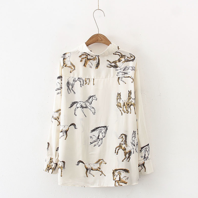 Chic Animal Horse Print Women Long Sleeve Shirt Spring Retro Hong Kong Style Design Niche Satin Blouse