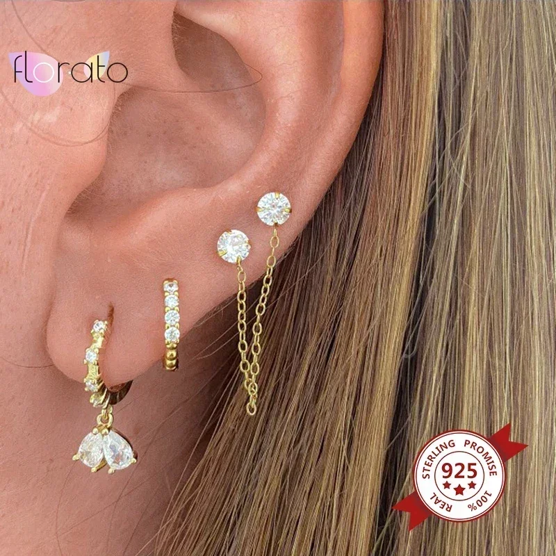 925 Sterling Silver Needle Star Water Drop Pendants Hoop Earrings For Women INS Charming Crystal Earrings Wedding Party Jewelry