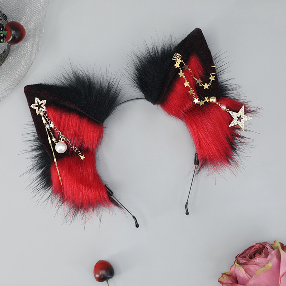 Gothic Wolf Ears Animal Ear Headband with Star Tassels for Women Girls Cosplay Furry Cat Fox Ears Halloween Party Headwear