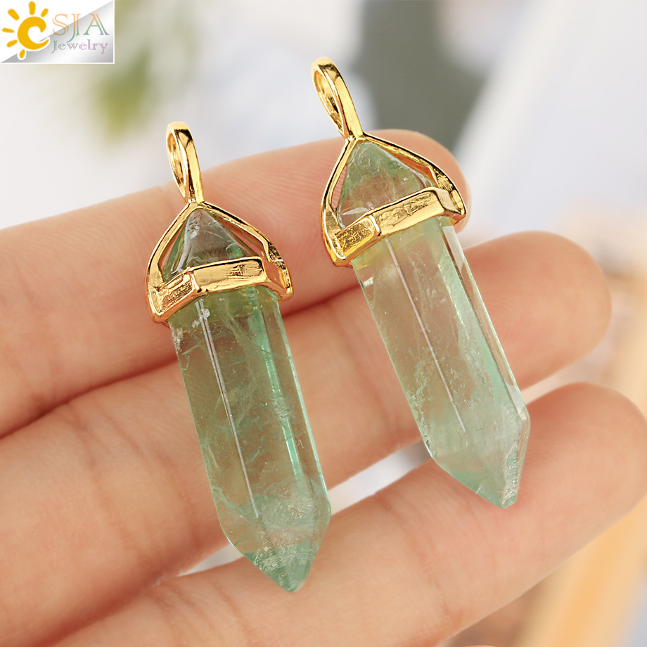 CSJA Natural Stone Green Fluorite Pendants Necklaces Gold-color Hexagonal Prism Two Pointed Crystal Necklace Female Jewelry G461