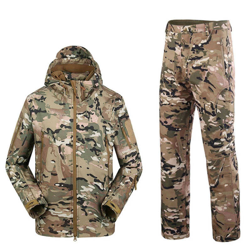 TAD Men Hiking Fishing Explore Clothes Suit Camouflage Shark Skin Waterproof Hooded Jacket+Pants