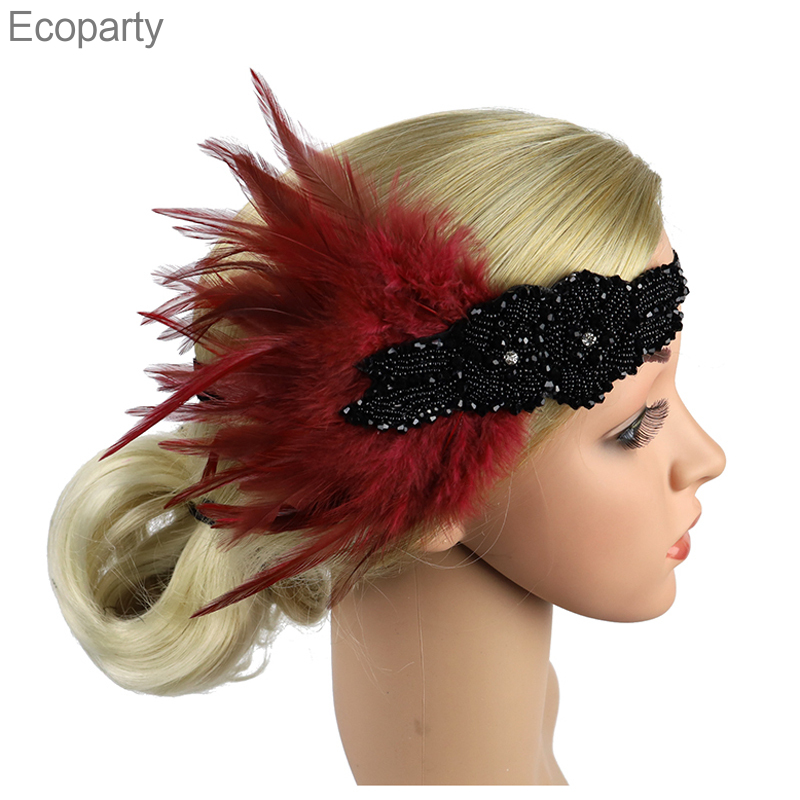 15 Hair Accessories Black Rhinestone Beaded Sequin Hair Band 1920s Vintage Gatsby Party Headpiece Women Flapper Feather Headband