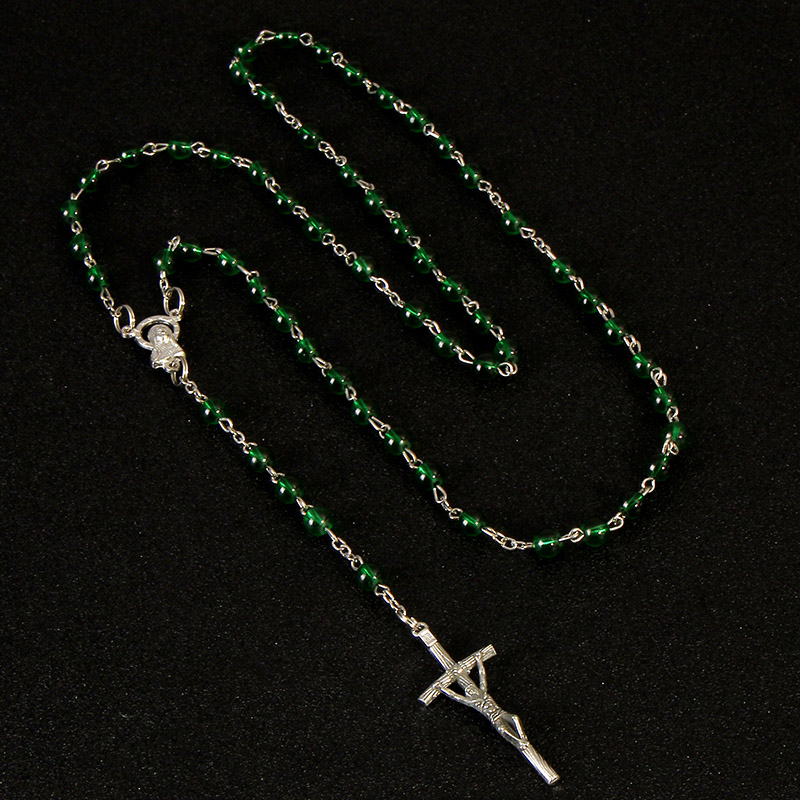 6mm Blue Pearl Beads Rosary Pendant Necklace Alloy Cross Virgin Mary Center Accessories Christian Catholic Religious Jewelry
