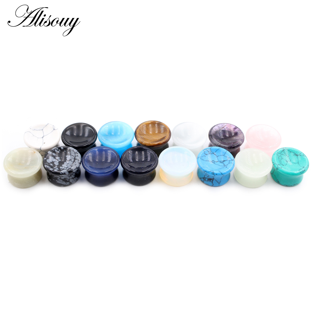 Alisouy 2pcs Women Men Concave Natural Stones Ear Tunnels Plug Flesh Expander Stretcher Gauges Earrings Body Piercing Jewelry