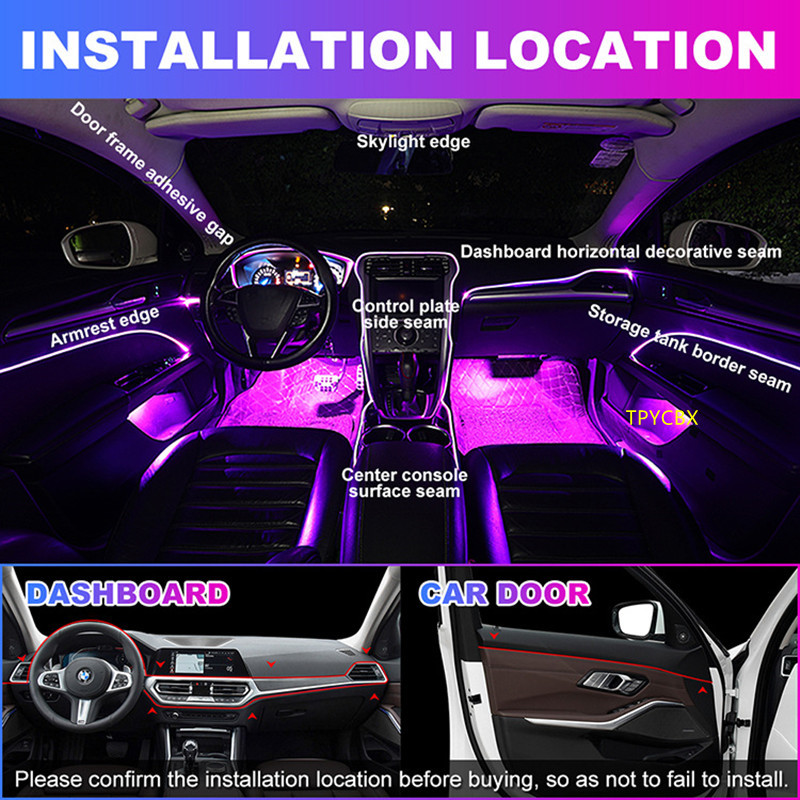 6 in 1 RGB LED Atmosphere Car Light Interior Ambient Light 6M Acrylic Optical fiber Strips by App Control DIY Music Universal