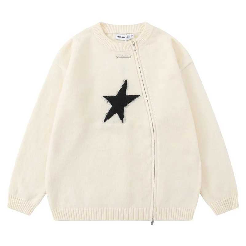 Men's Sweaters Vintage Star-print Knitted Sweaters Lrregular Zip Cardigan Men Women Loose Knit Tops Casual Jumpers Autumn Jacket Strtwear Y240622