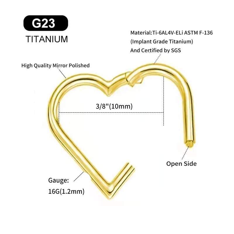 Titanium Heart Daith Earring CZ Conch Helix Septum Piercing Clicker Segment Nose Ring Helix ASTM F136 G23 Titanium/Steel 16G