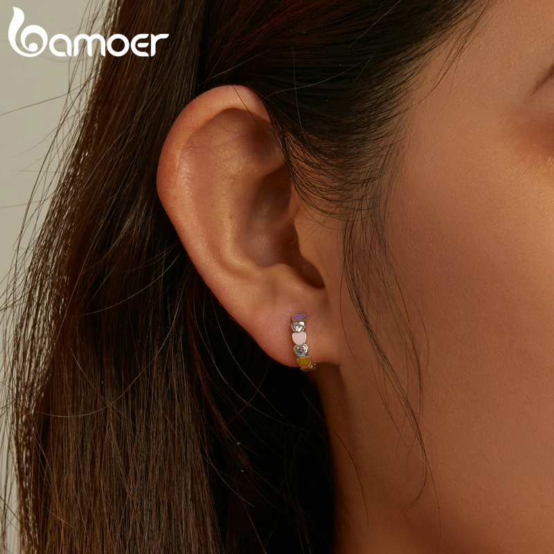 Bamoer Genuine 925 Sterling Silver Rainbow Love Ear Buckles Colorful Heart Hoop Earring for Women Fine Jewelry Anniversary Gift