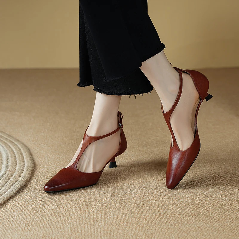 2024 New Summer Cover Pointed Toe High Heels Sandals For Handmade Women Shoes Retro Stiletto Brown 68
