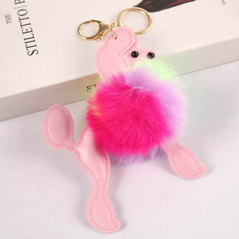 Lovely Poodle Faux Fur Ball Keychain Cute PU Leather Fluffy Animal Dog Keyring Women Bag Pendant Charm Plush Puppy Trinket Gifts