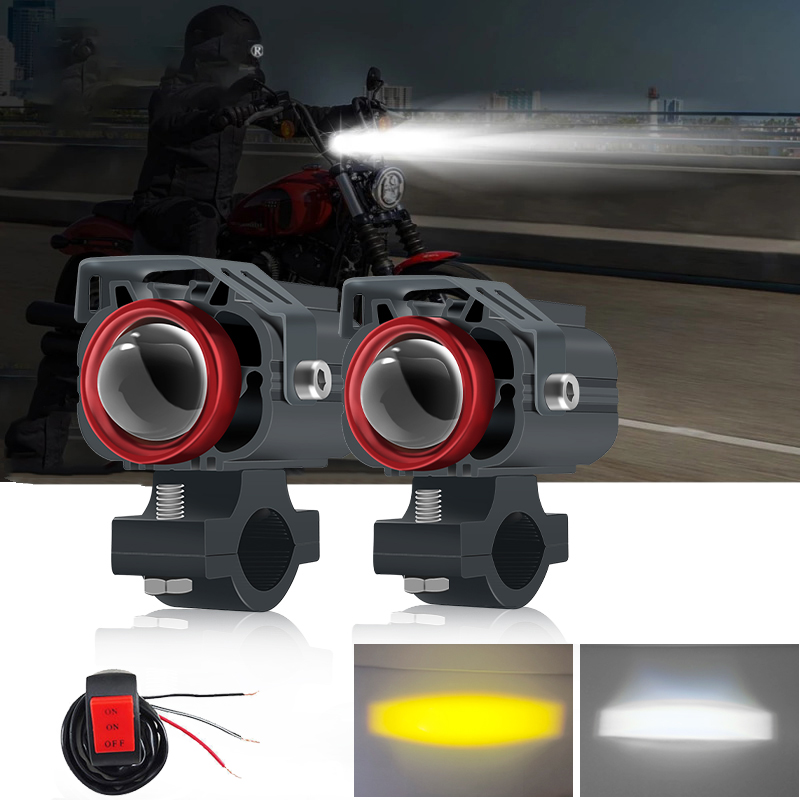 Motorcycle LED Auxiliary Headlight Spotlight Projector Lens Driving Fog Light White/Amber With Switch for Car Off-road 4X4 ATV