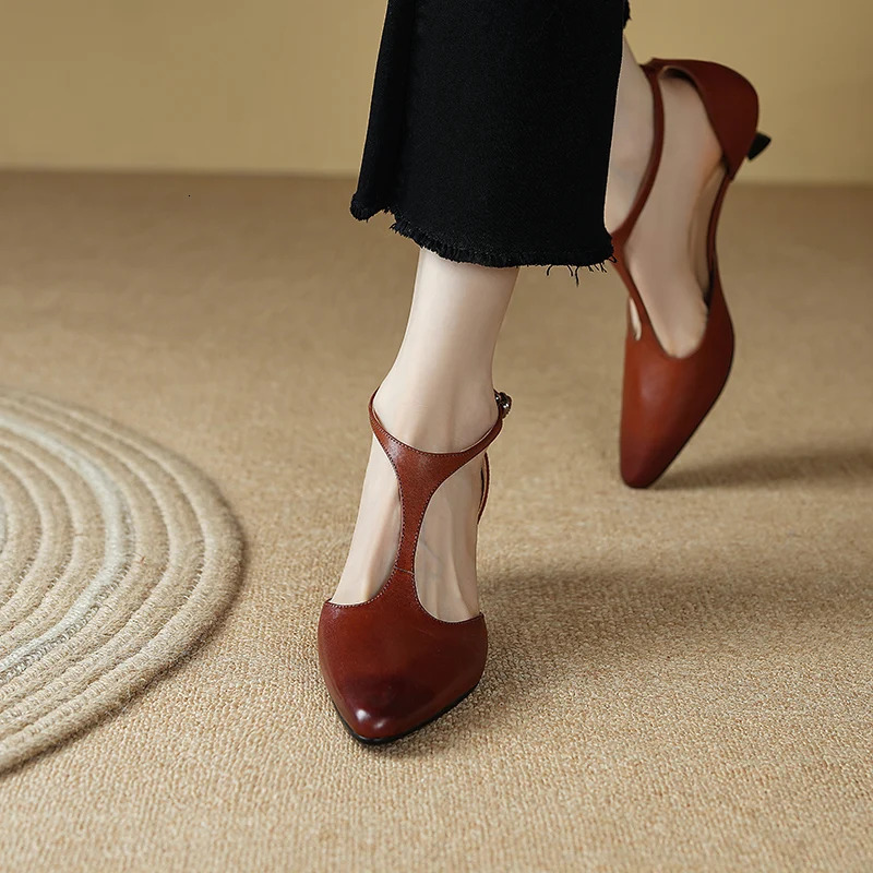 2024 New Summer Cover Pointed Toe High Heels Sandals For Handmade Women Shoes Retro Stiletto Brown 68