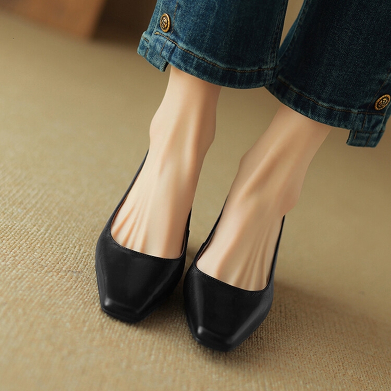 NEW Spring/Autumn Pumps Genuine Leather For Square Toe Chunky Heel Women Elegant Mid-Heel Office Shoes