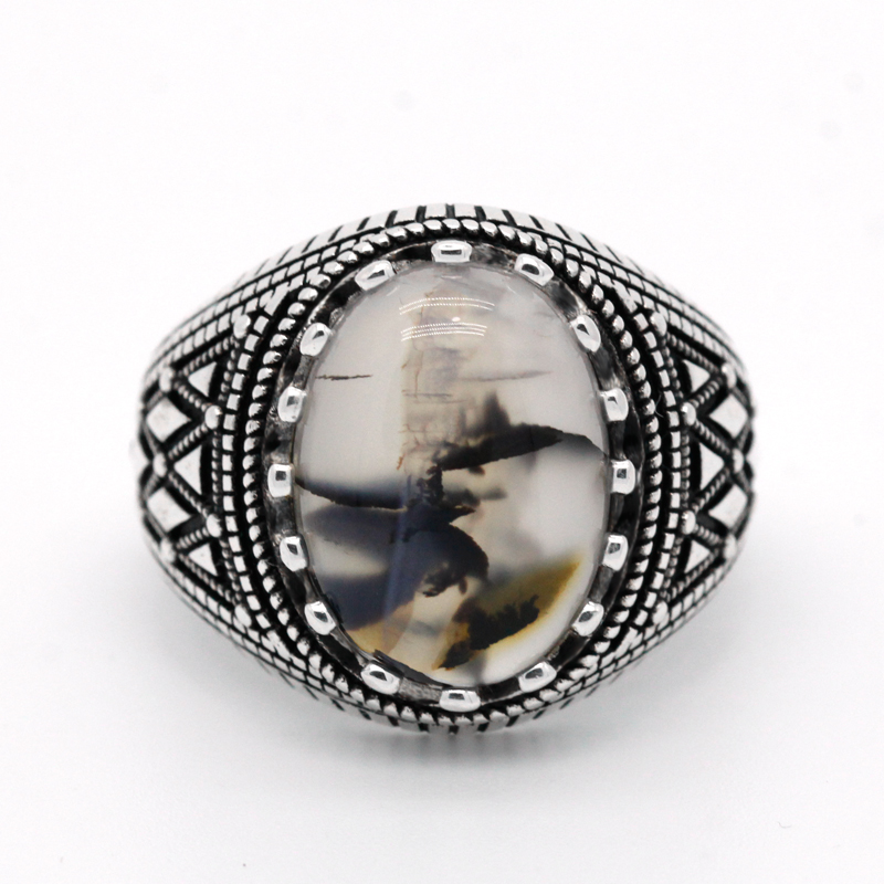 Vintage Mens Ring 925 Sterling Silver With Oval Natural Agate Stone Plaid Stripes Design Turkish Rings Jewelry to Husband Gift
