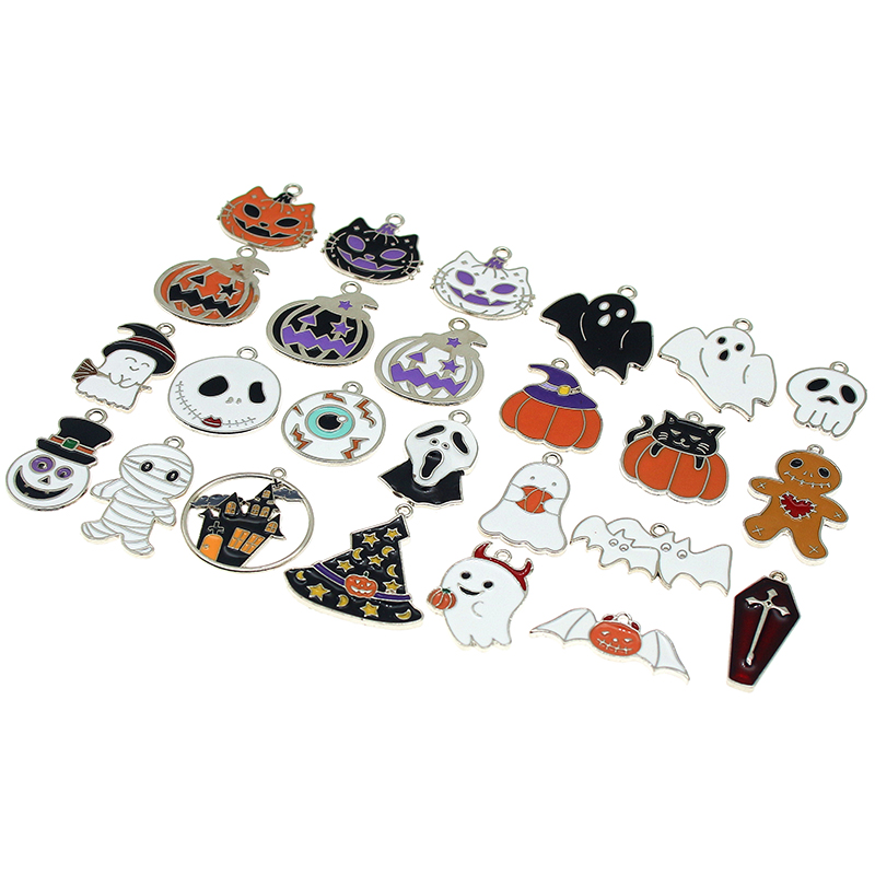 10pcs/lot Silver Color Halloween Charms Enamel Pumpkin Bat Ghost Cat Pendant for Jewelry Making Necklaces Earring DIY Crafts