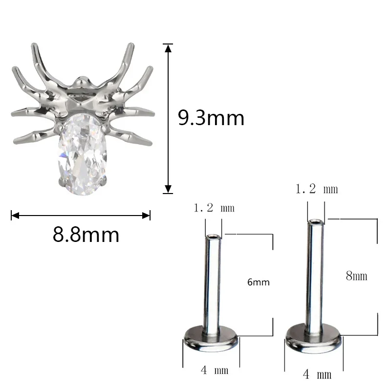 G23 Titanium Eight Legged Spider EAR Studs PIERC CZ Paved Top Threaded Labret Tragus Lip Earrings Personality Piercing Jewelry