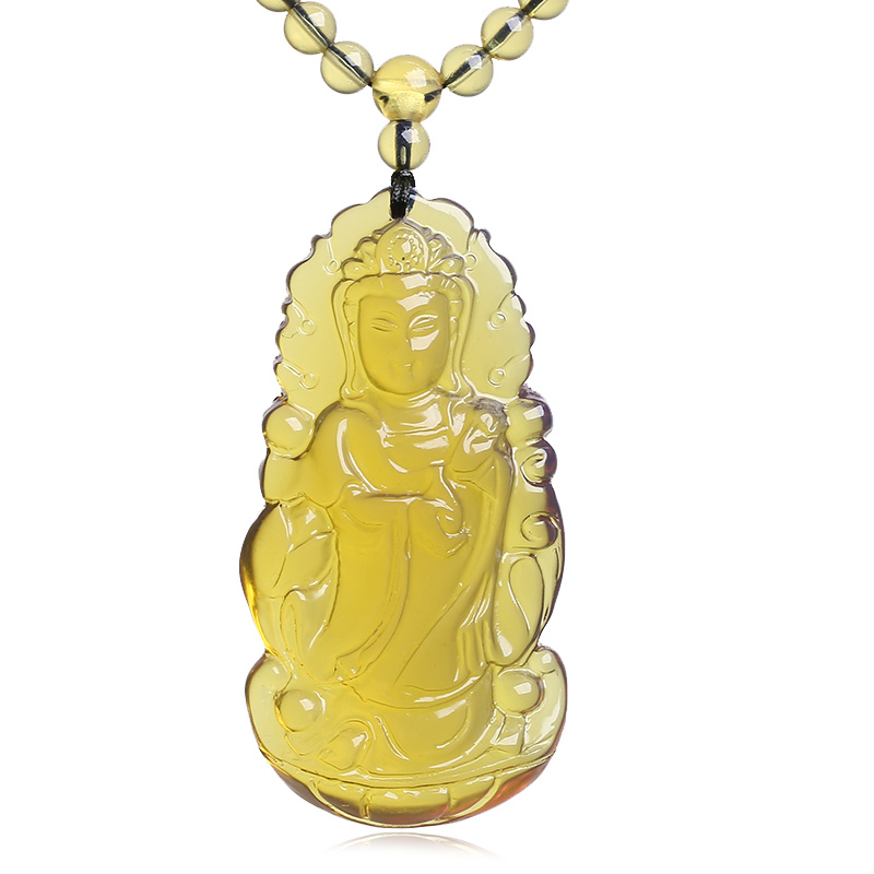 Buddha Necklace Natural Domi Blue Potter Pendant Sweater Chain Raw Mineral Honey Wax Amber Men's Guanyin Necklace Pendant