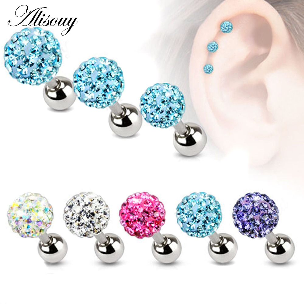 Alisouy 2PCS 3 4 5mm Trendy Crystal Ball Earrings Surgical Steel Ear Plugs Women's Ear Studs Screw back Body Piercings Jewelry