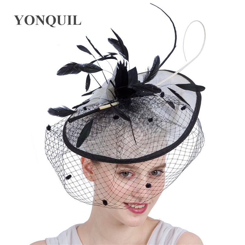 Vintage Feather Flower Fascinators Derby Cocktail Hats Ladies Wedding Headwear Holiday Women Dot Veil Headband Hair Accessories