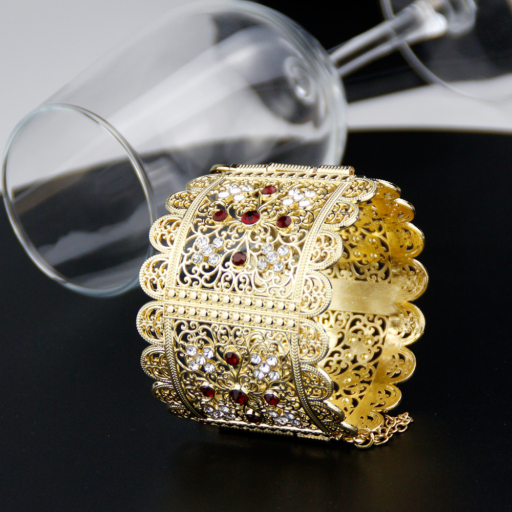 Sunspicems Gold Color Algeria Bangle Big Size For Women Crystal Flower Cuff Bracelet Ethnic Morocco Bride Wedding Jewelry