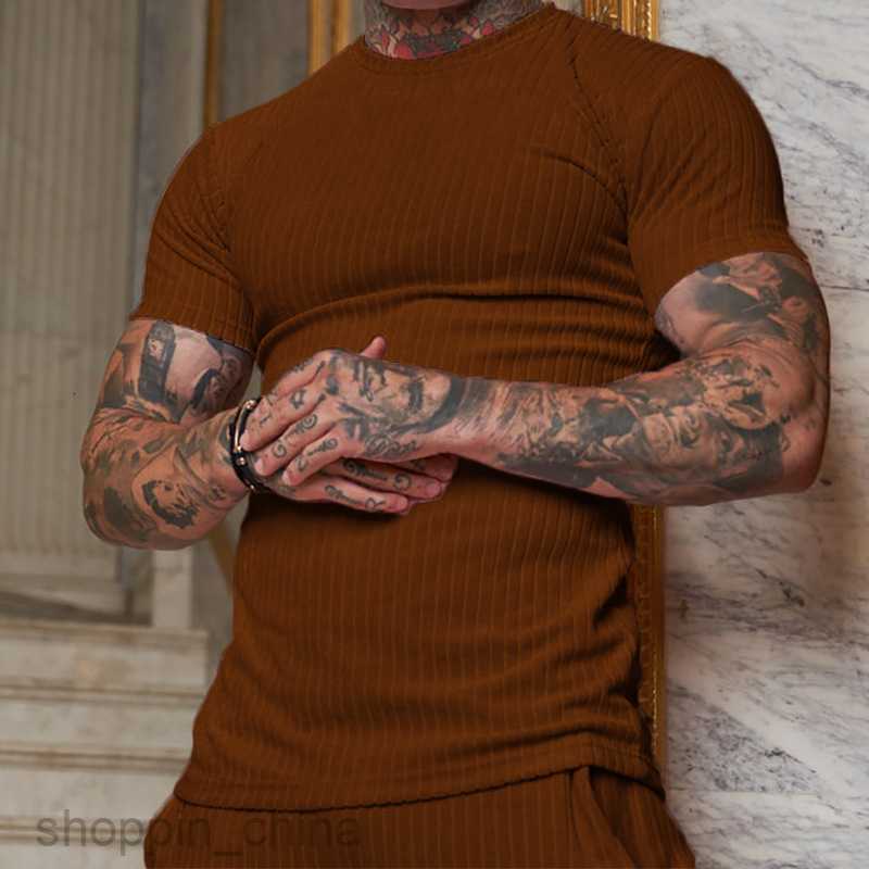 Men's T Shirts summer sports fitness leisure stand collar elastic vertical round neck short sleeve T-shirt tees tops