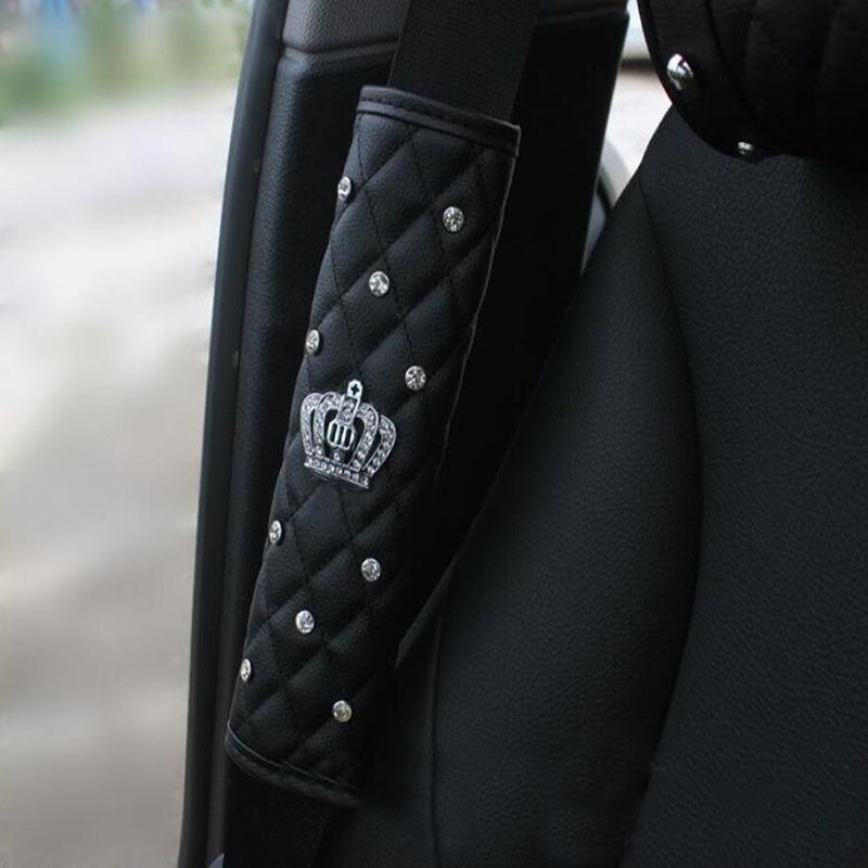 CDCOTN Car Seat Belt Cover Leather Seat Belt Shoulder Pad Crown Crystal Rhinestones Diamond Shifter Gear Cover Hand Brake Covers